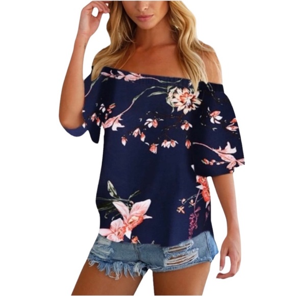 YOINS Tops - NEW YOINS Navy Floral Print Short Sleeve Off The Shoulder Top Size Small